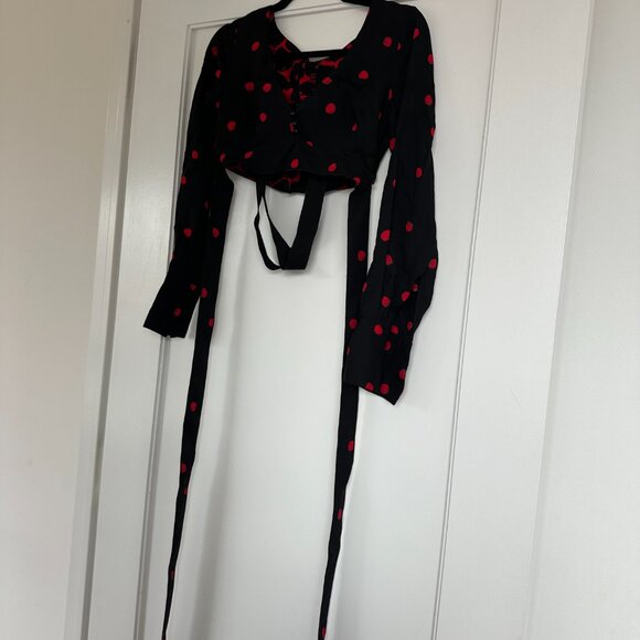 Proenza Schouler Long-sleeved Crop Top Sz 0 Back Bow Belt Black Red Polka Dot - Picture 5 of 10